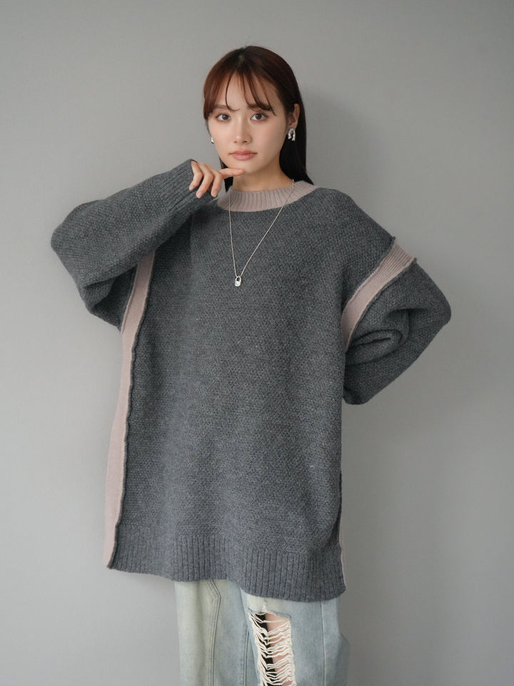 【預訂】側開衩拼色針織套頭衫/炭灰
