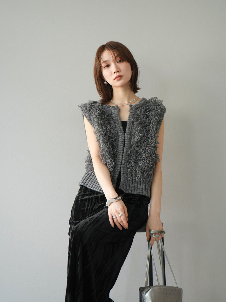 [SET]レザー襟オンブレチェックオーバーシャツ +ループデザインホックベスト +クラッシュベロアナロースカート(3set)