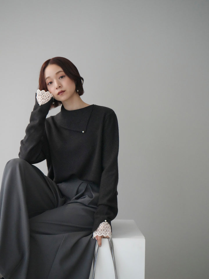 [SET]袖レースパール付き配色ニットトップス+テープベルトタックバギーパンツ(2set)