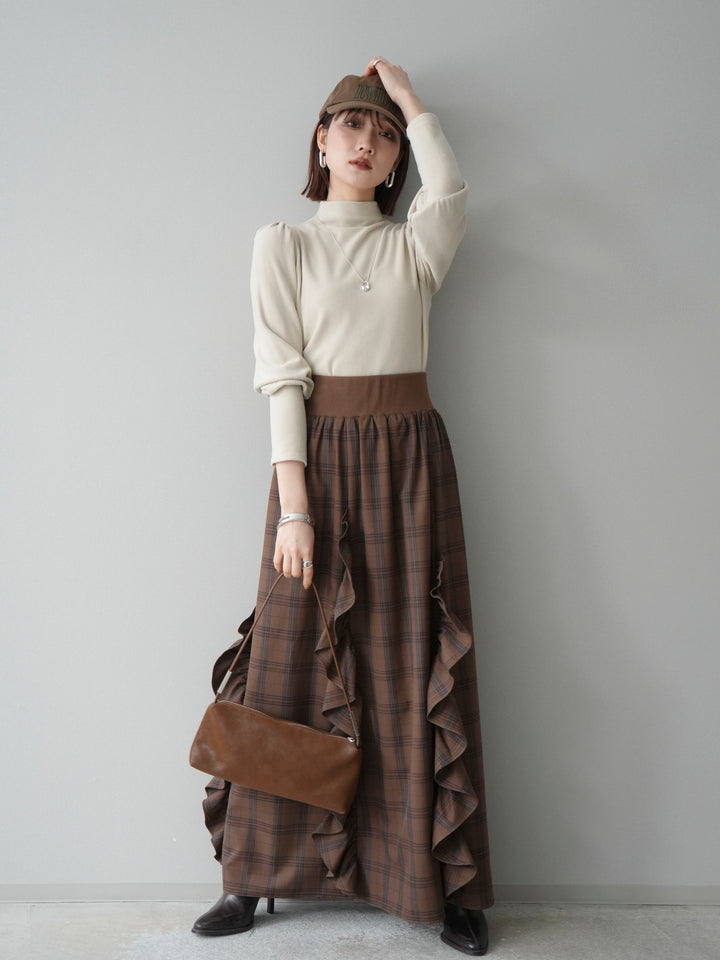 [SET]プチネックパワーショルダー起毛トップス+チェック柄フリルハイウエストマキシスカート(2set)
