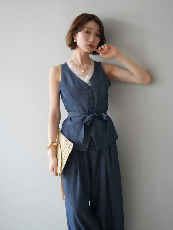 【套裝】蕾絲邊背心和垂褶褲套裝（2 套）