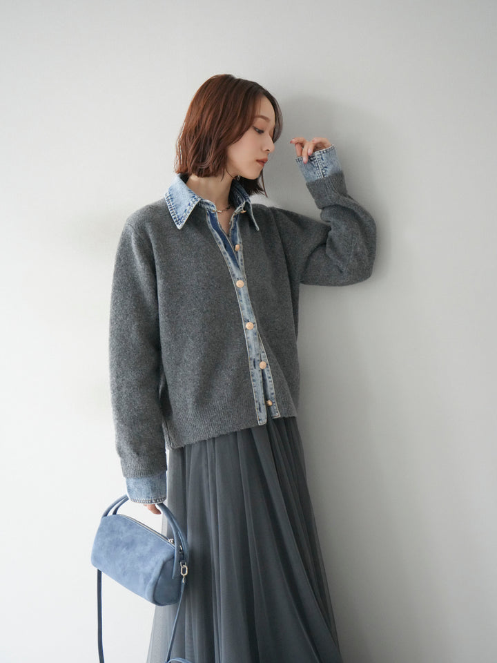 [予約]デニム襟ボタンニットカーディガン/チャコール