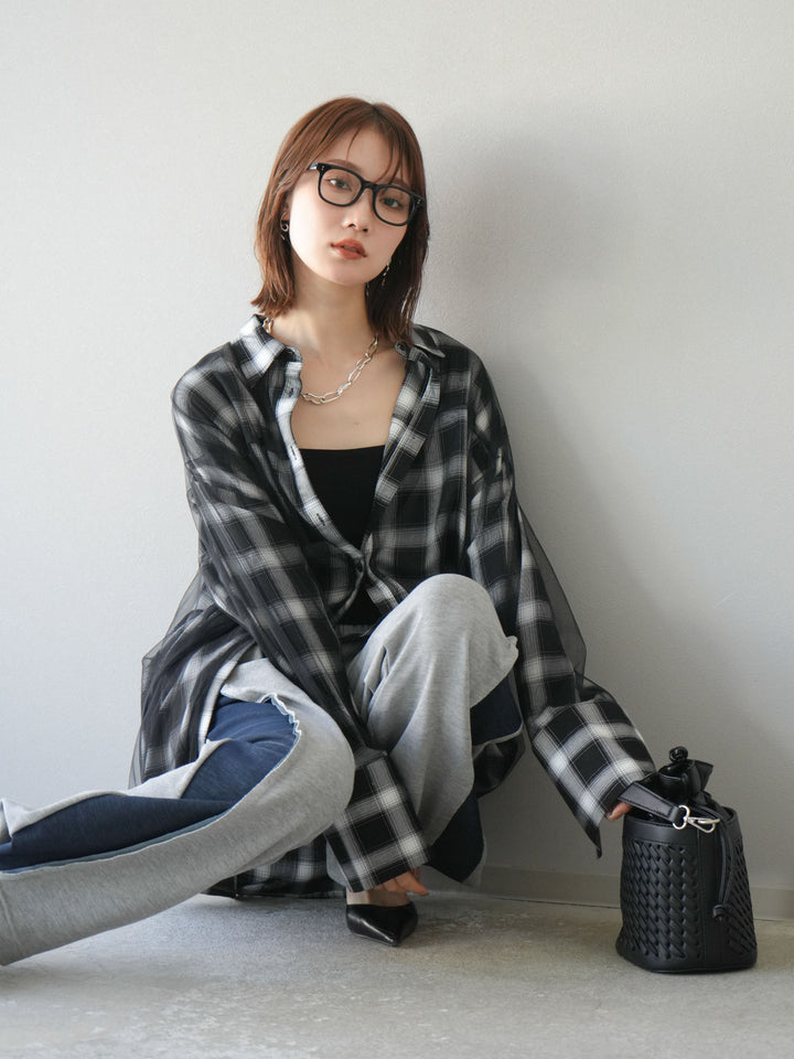[套裝] 薄紗對接格紋寬鬆襯衫 + 牛仔布 Switch 2-Way 設計運動褲 (2 套)