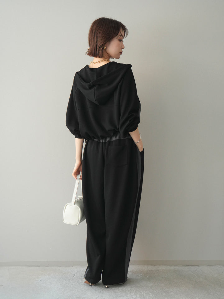 [SET]バイカラー異素材ライトポンチクロップドZIPフーディー+バイカラー異素材サイドラインライトポンチパンツ(2set)