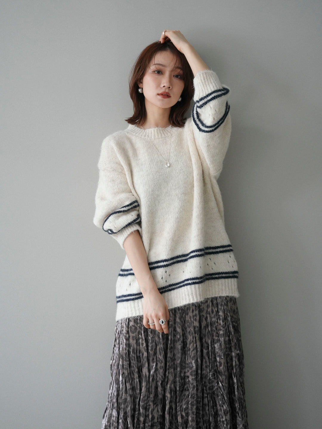 [予約]クルーネックラインボーダーニットプルオーバー/white