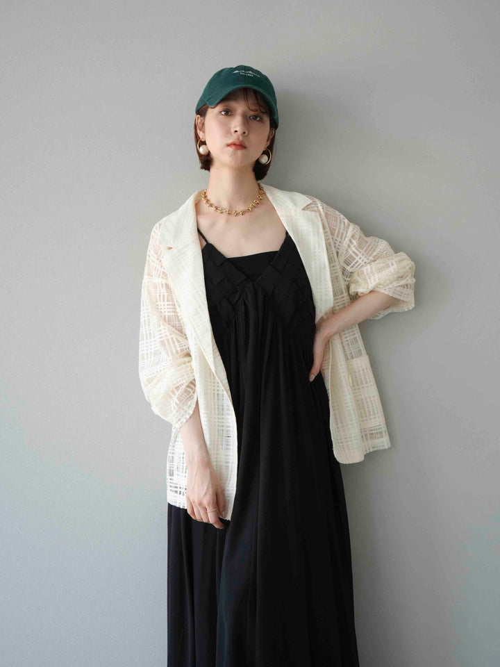 [予約]編み込みデザインシフォンワンピース/ブラック