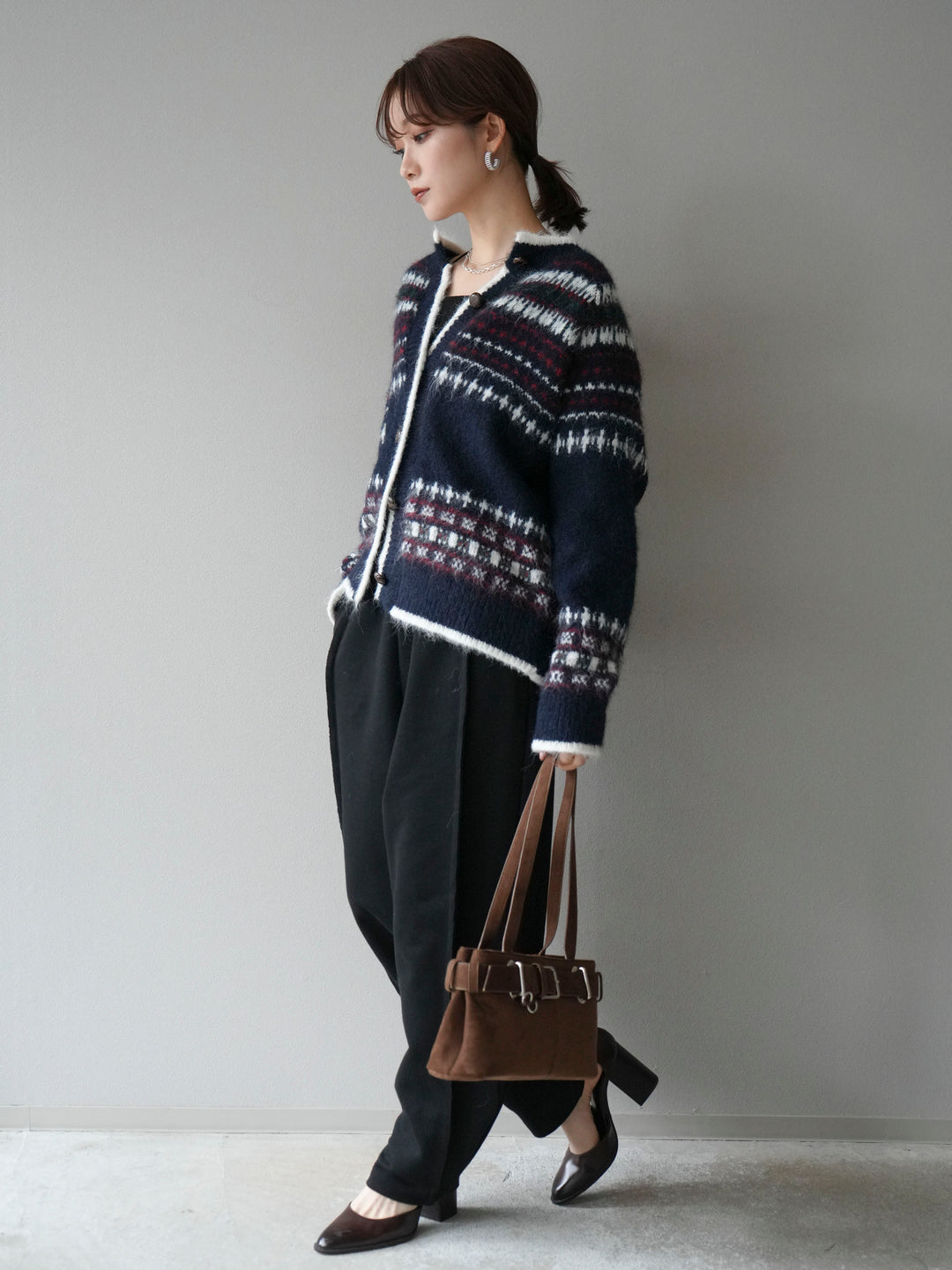 [SET]求心柄ウッドボタンニットカーディガン+2WAYデザインスウェットパンツ(2set)