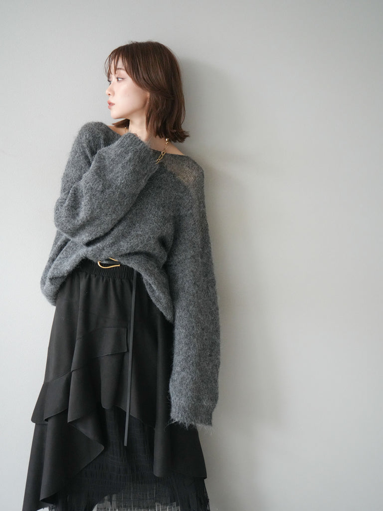 【美品】ノーブル　ダークグレー　ニット 予約]ネック透かし編みニットプルオーバー/ダークグレー – Lumier