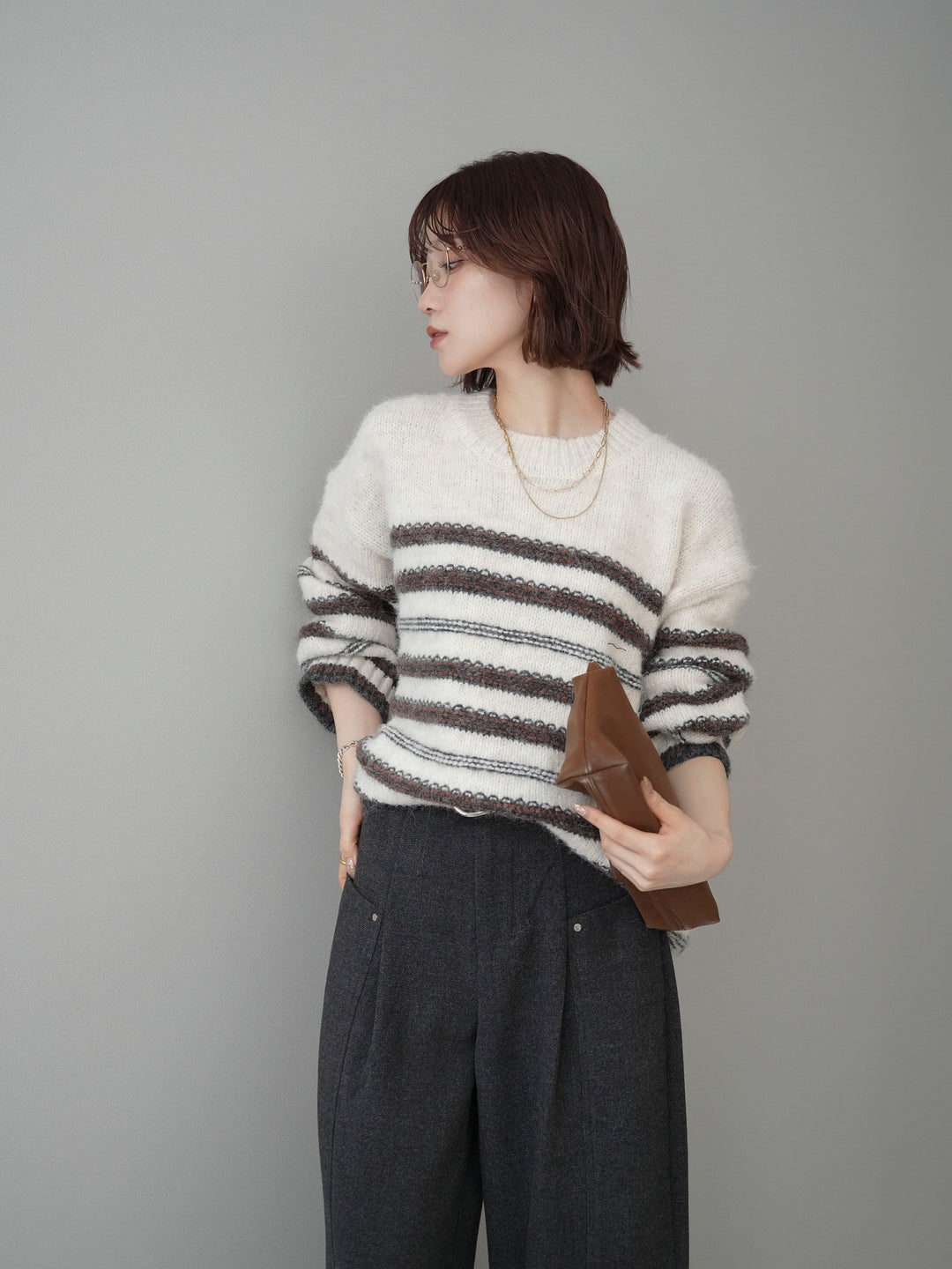 [予約]ステッチボーダーニットプルオーバー/white