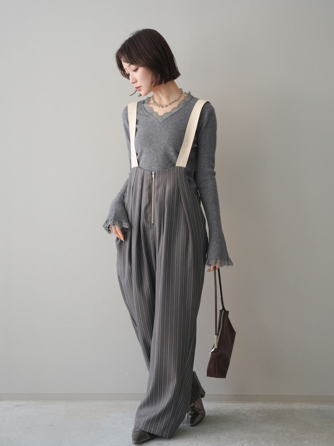 [予約]グログランテープストライプサロペット/charcoal