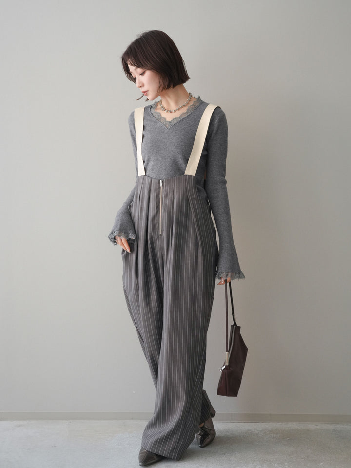 [予約]グログランテープストライプサロペット/charcoal