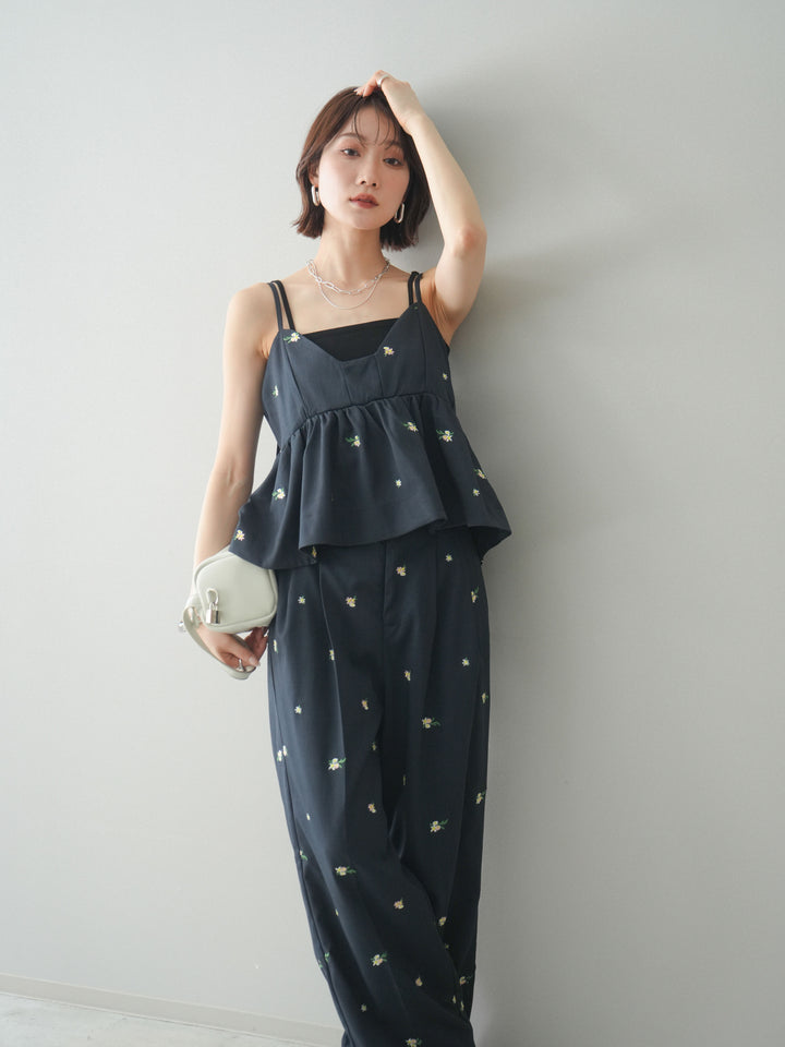 [SET]フラワー刺繍ビスチェ+フラワー刺繍タックパンツ(2set)