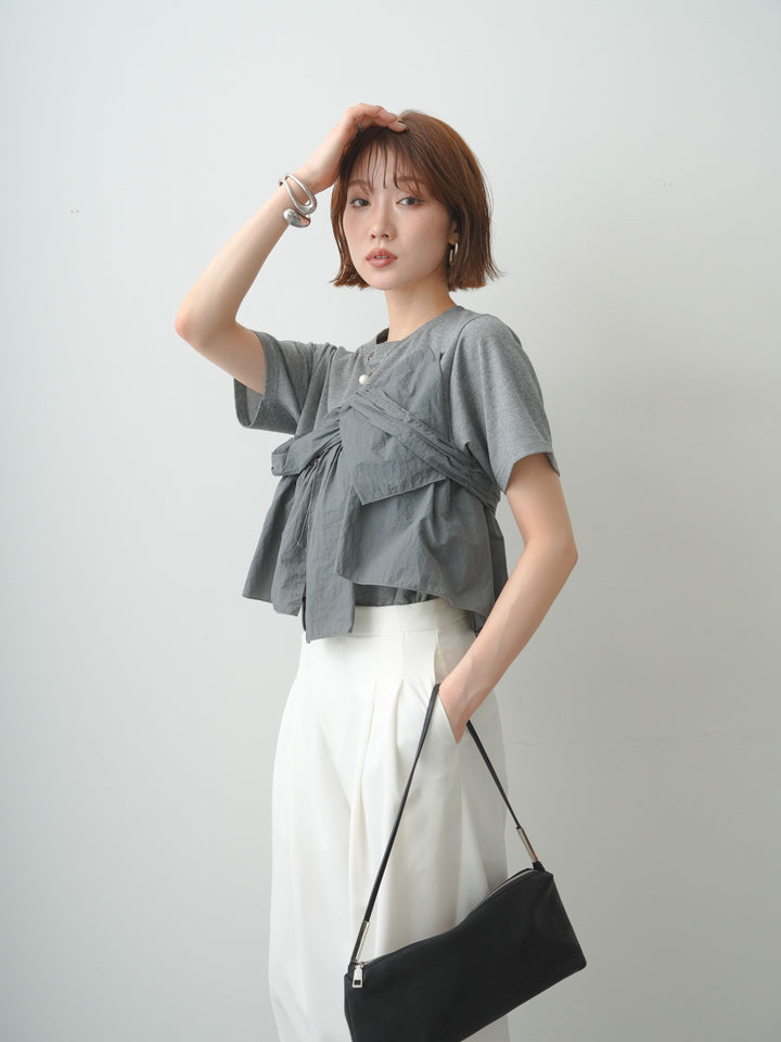 [SET]ナイロンドッキングツイストTEE +アシンメトリーベルトタックワイドパンツ(2set)