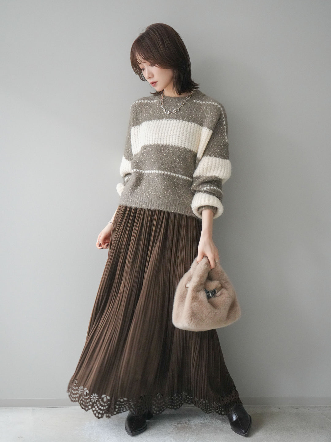 [予約]パンチングデザインスエードプリーツスカート/brown