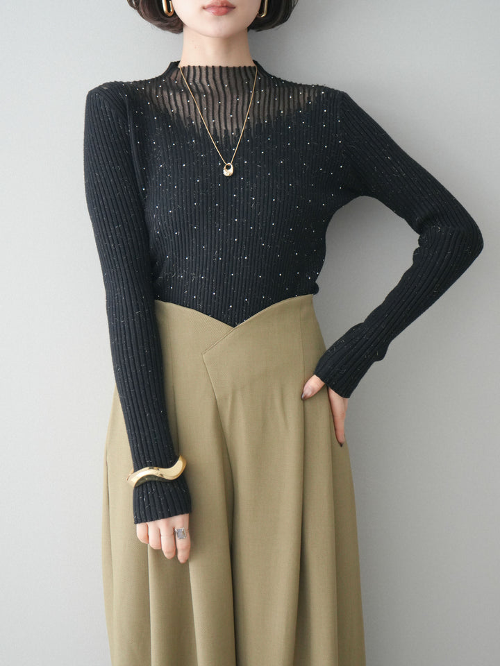 [予約]シアー切替スパンコールリブニットトップス/black