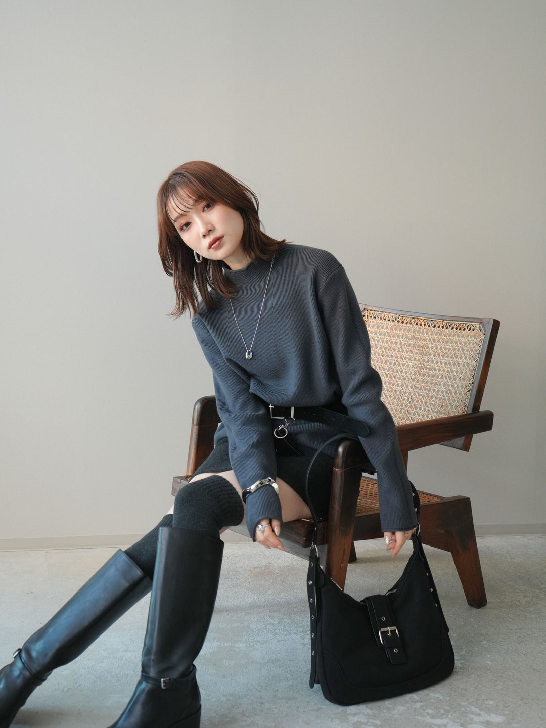 [SET]ボトルネック裾カールリブニットトップス+ボトルネック裾カールリブニットトップス(2set)