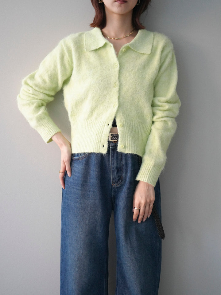 [SET]モヘア衿付きボタンプルオーバー+裏起毛裾フリンジワイドデニムパンツ(2set)