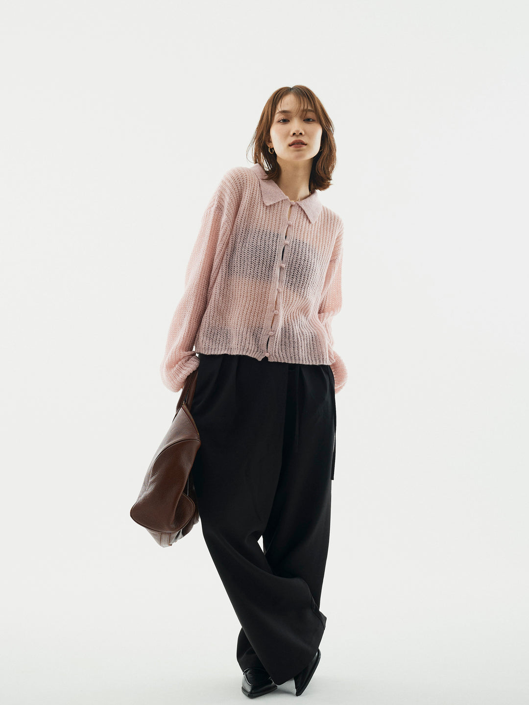 【Allure】[SET]起毛片畦編みシアーポロニット+ラップデザインタックワイドパンツ(2set)