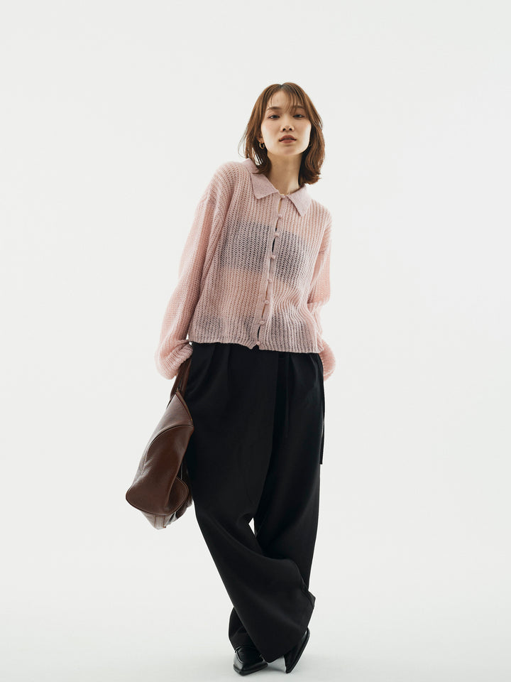 【Allure】[SET]起毛片畦編みシアーポロニット+ラップデザインタックワイドパンツ(2set)