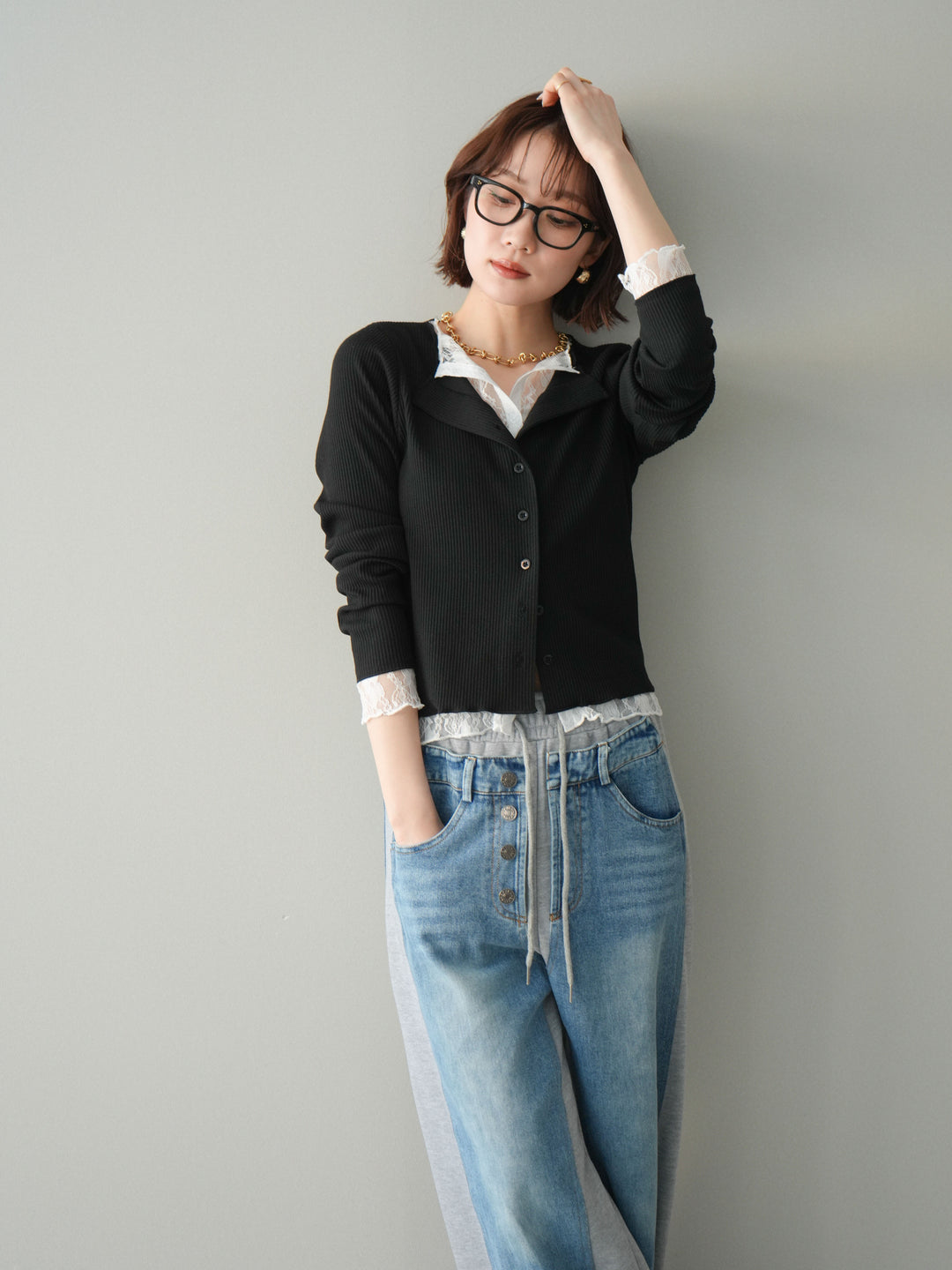 [SET]レースドッキングテレコリブカーディガン+選べるアクセセット(2set)