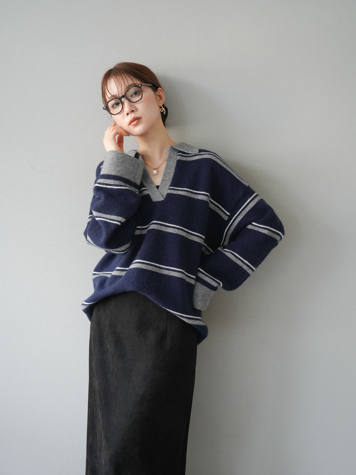 [SET]ポロ襟スキッパーボーダーニットプルオーバー+スウェードIラインスカート(2set)