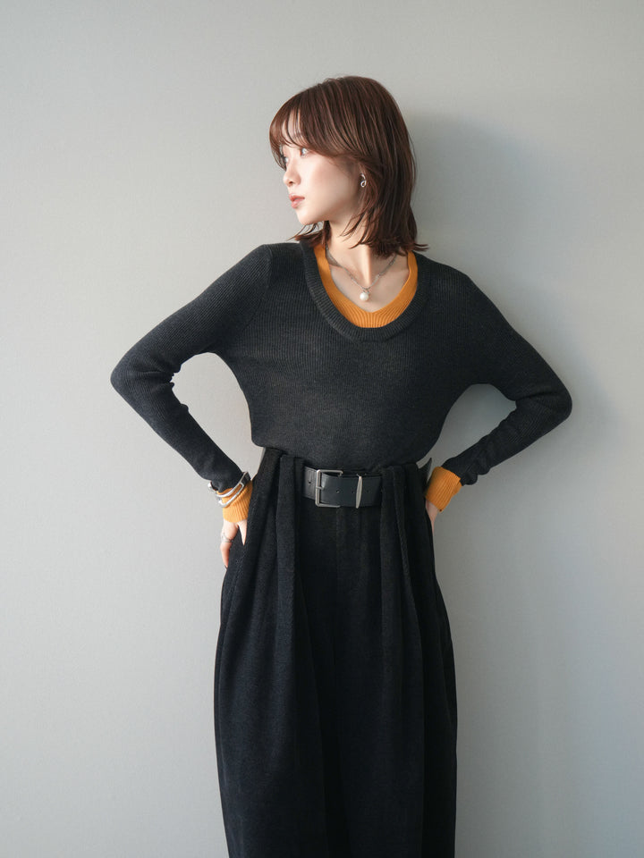 [SET]Uネック配色レイヤードリブニットトップス+選べるアクセセット(2set)