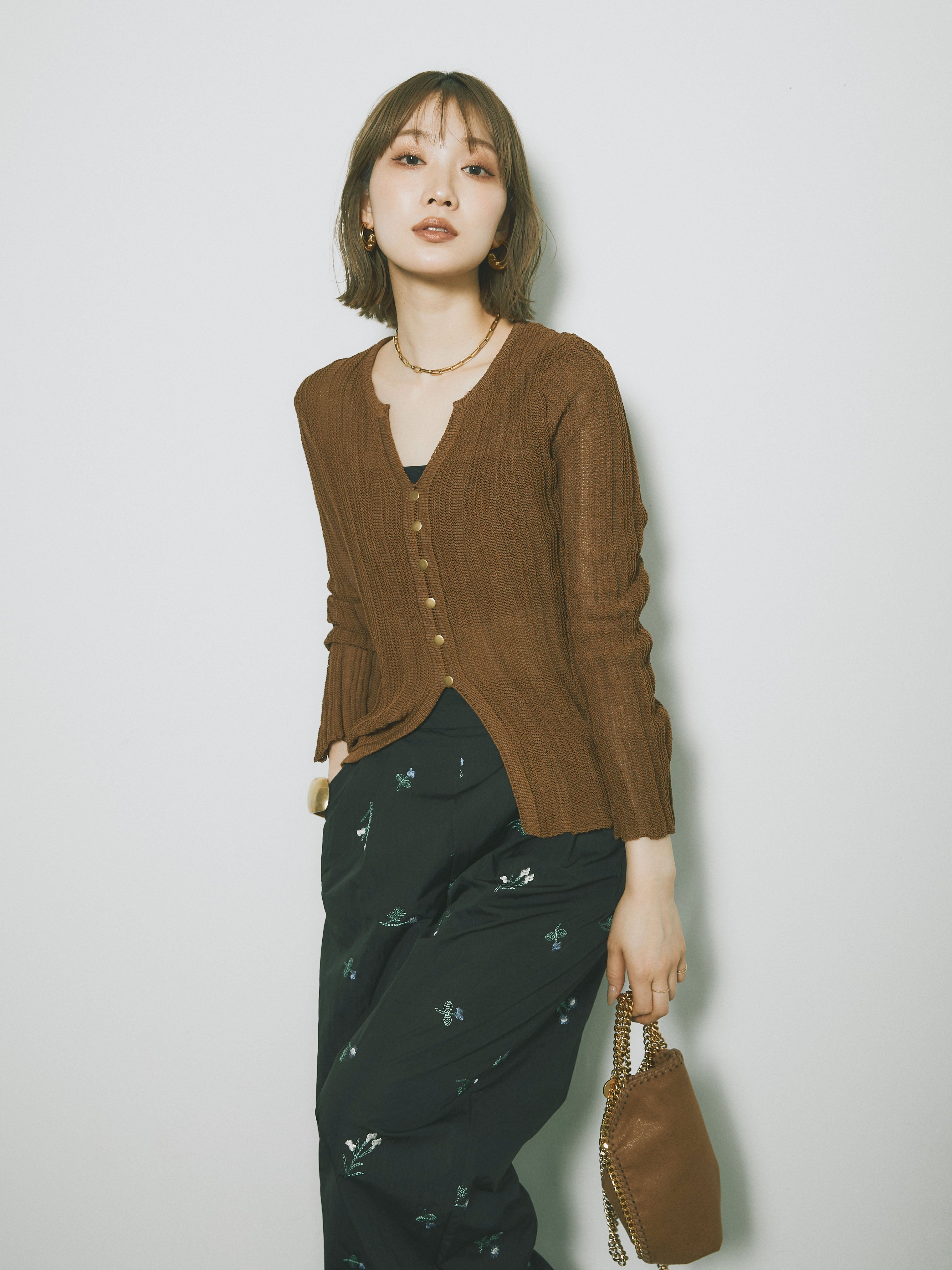 SET]フロントスリットフロントボタンニットトップス+フロント