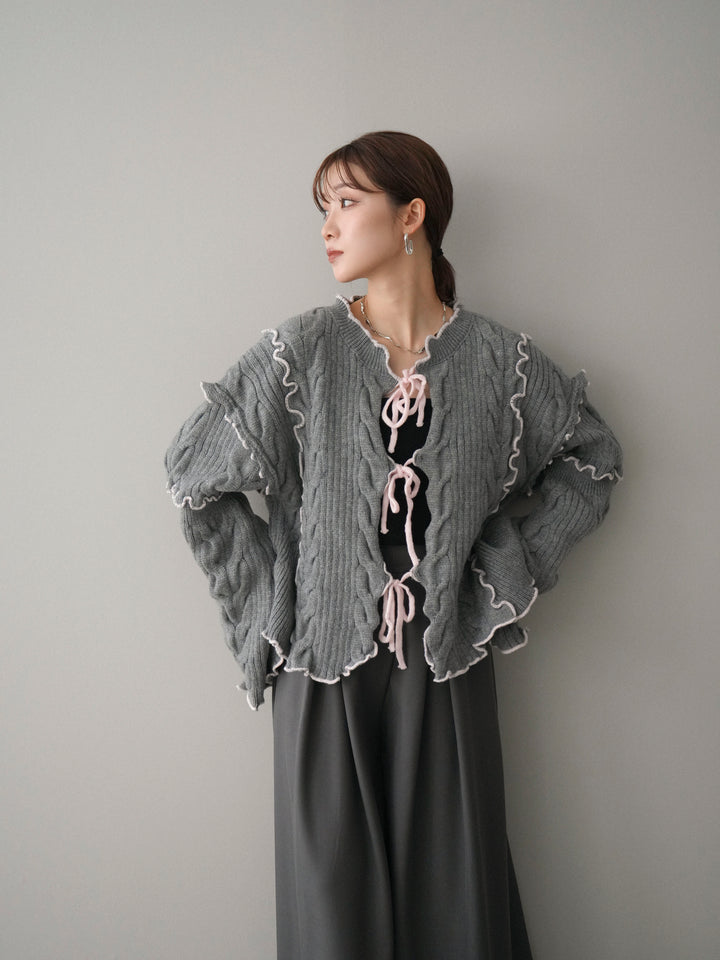 [予約]フロントリボン配色メローニットカーディガン/gray