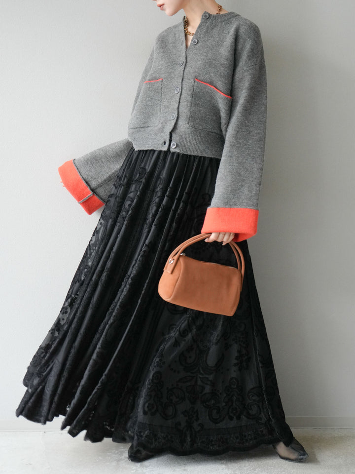 [SET]バイカラーオーバーニットカーディガン+アンティーク柄フロッキーマキシスカート(2set)