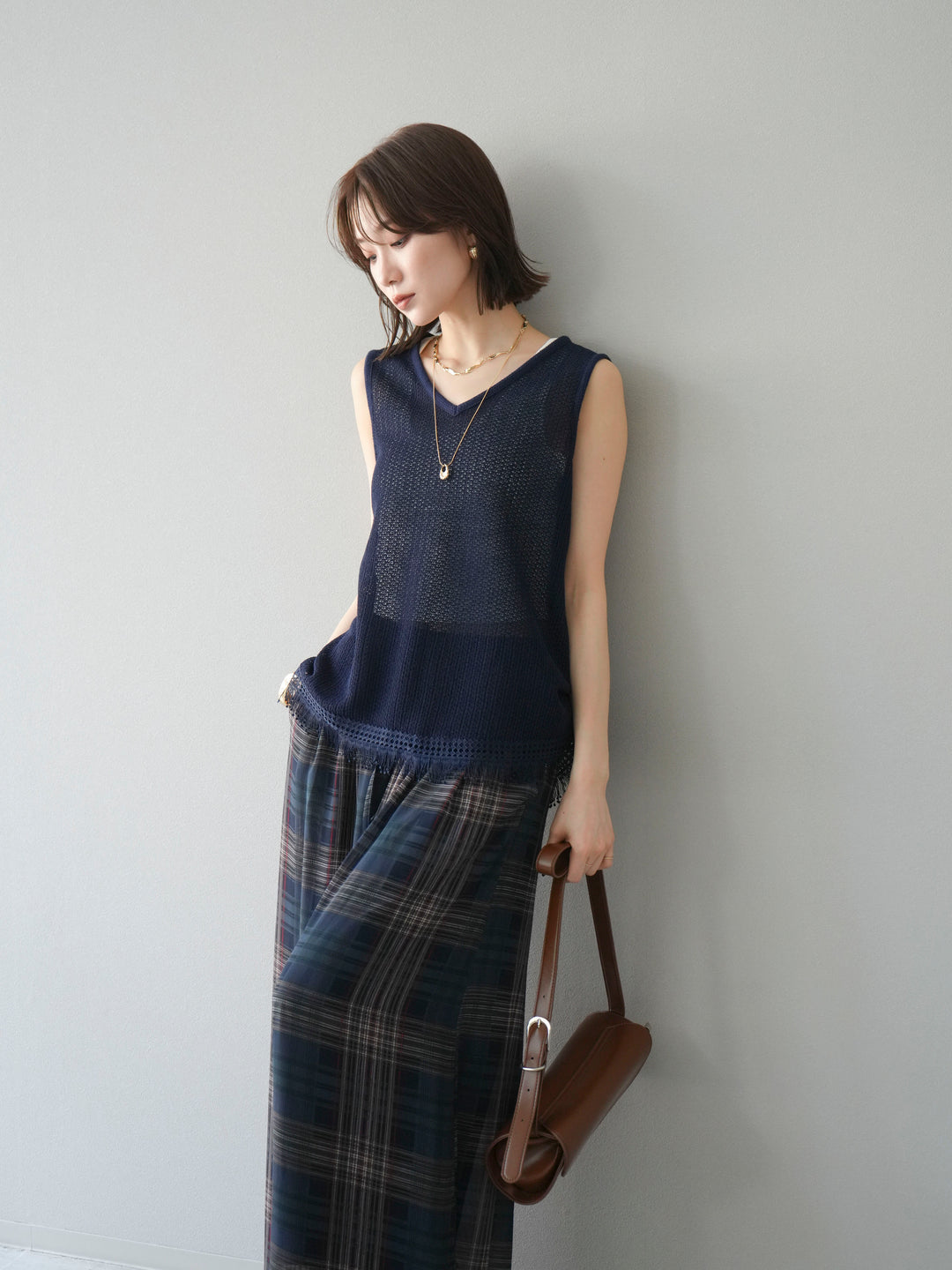 [予約]裾フリンジVネックニットタンクトップアンサンブル/ネイビー