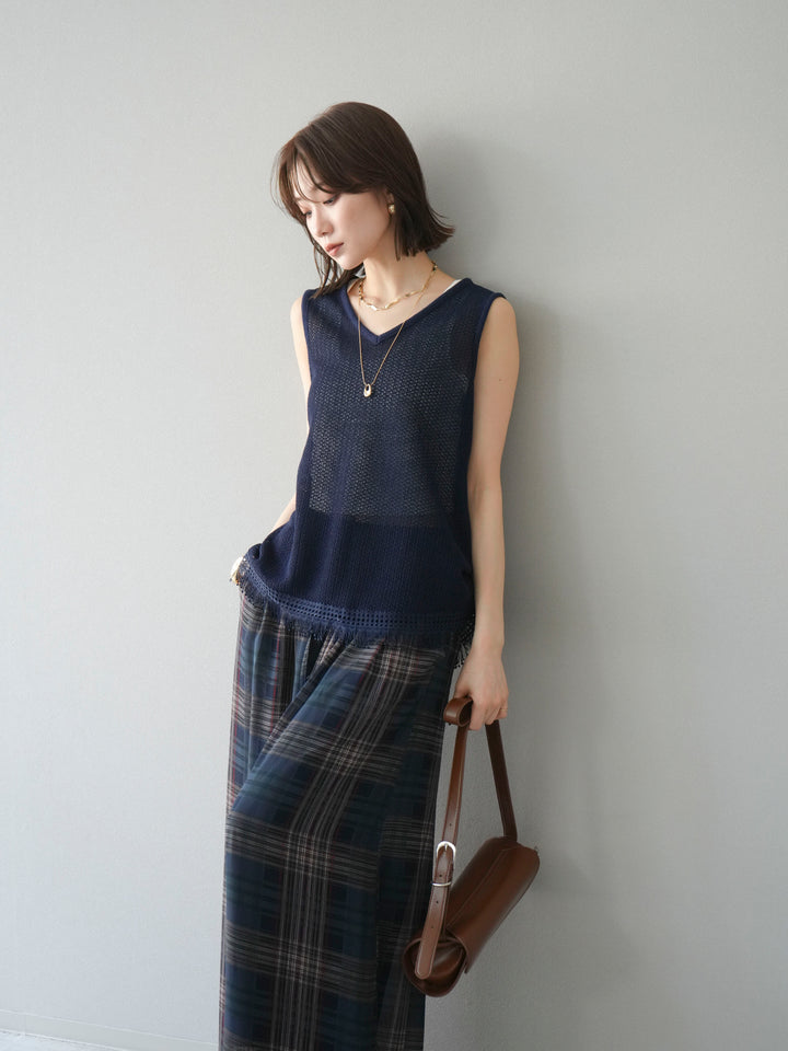 [予約]裾フリンジVネックニットタンクトップアンサンブル/ネイビー