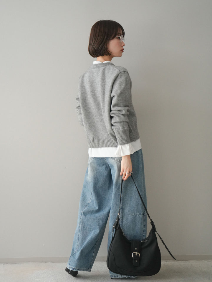 [SET]布帛ドッキングニットカーディガン+ガーメントウォッシュカーブデニムパンツ(2set)