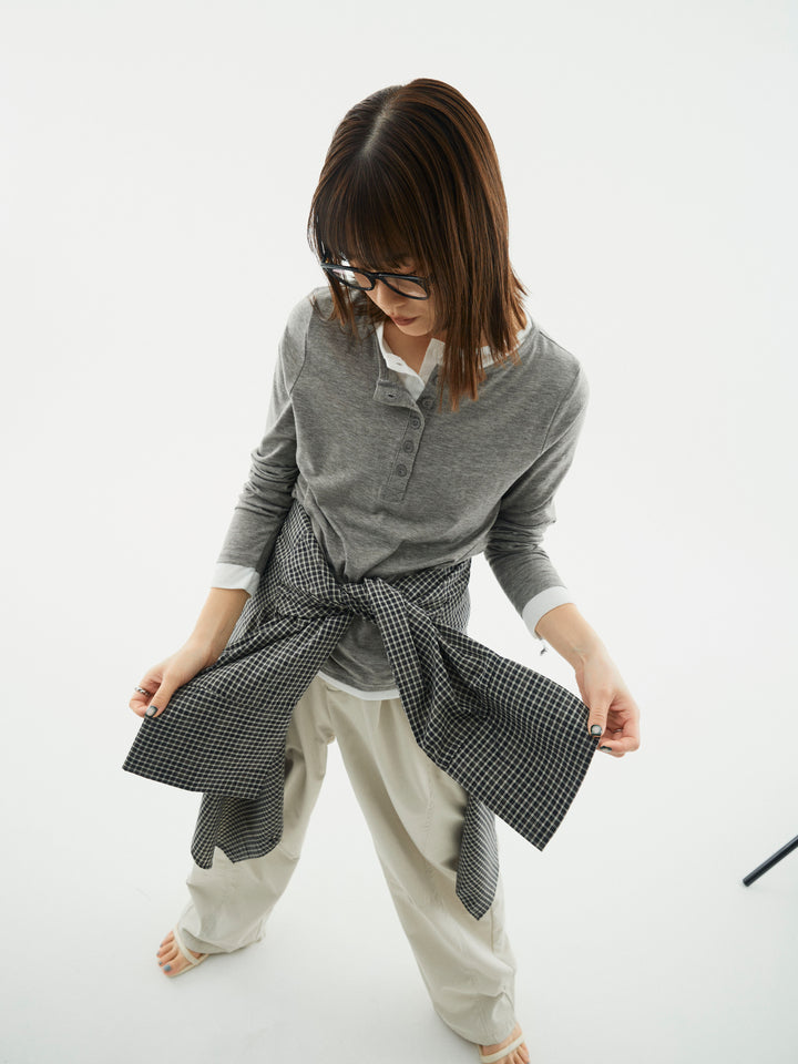 【Allure】[SET]配色レイヤードヘンリーネックトップス+タフタワイドカーブパンツ+チェックBIGカフスオーバーシャツ(3set)