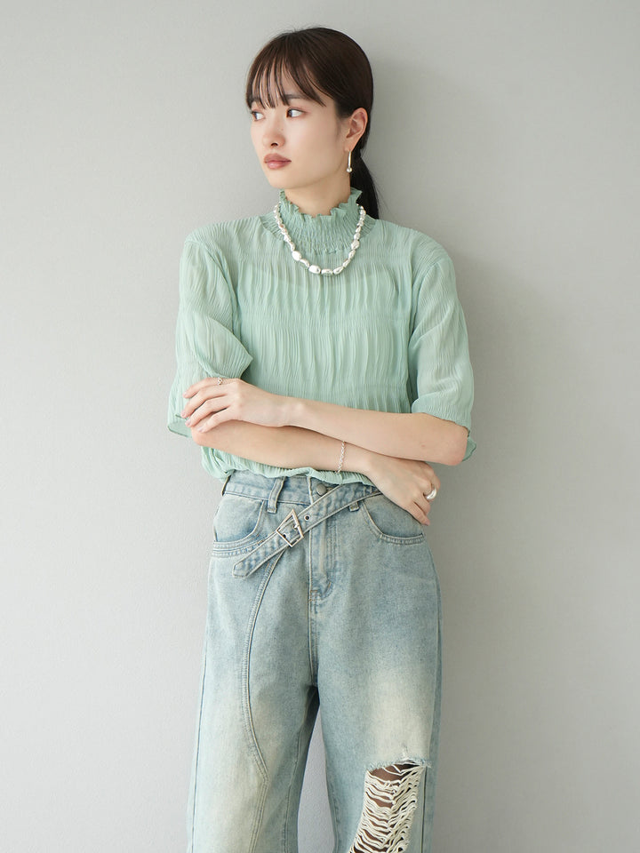 [Pre-order] Shirring Chiffon Half Sleeve Blouse/Mint