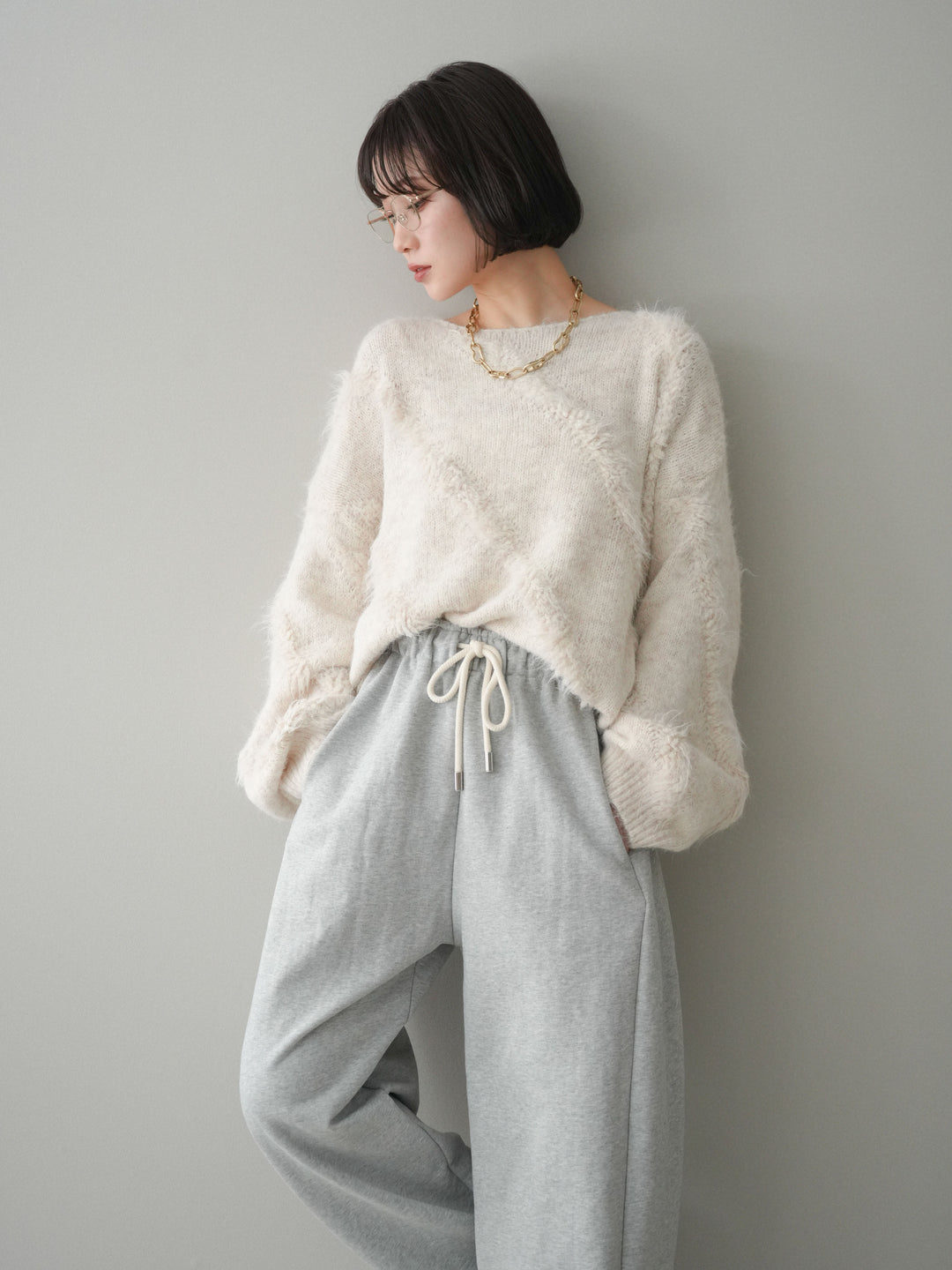 [SET]シャギーデザインニットプルオーバー+裾ZIPスエットワイドパンツ(2set)