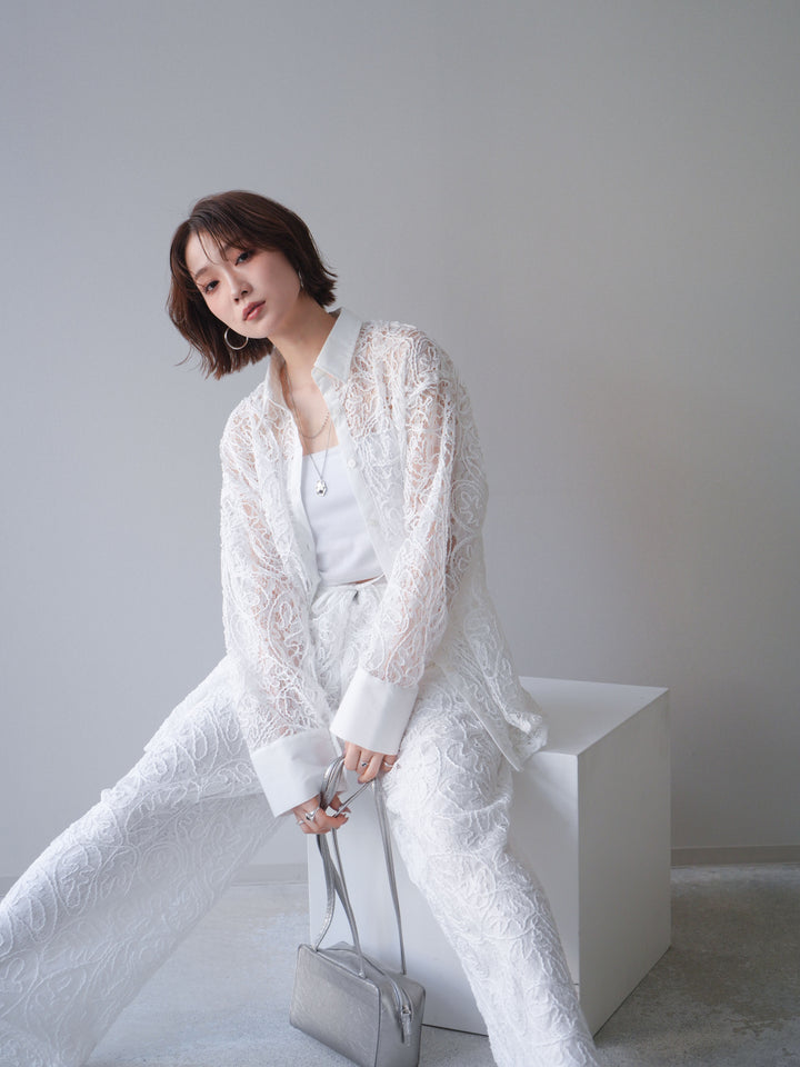 【套裝】透明繩紋蕾絲罩衫+內置罩杯羅紋抹胸吊帶背心（兩件套）