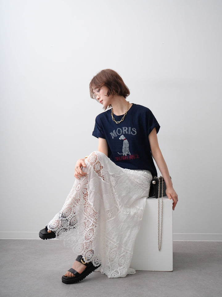 [SET]ドッグエンブロイダリーTEE+クロシェマキシスカート(2set)