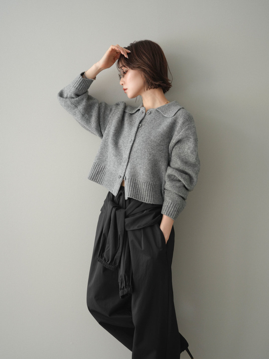 [予約]メランジニット襟付きクロップドカーディガン/gray