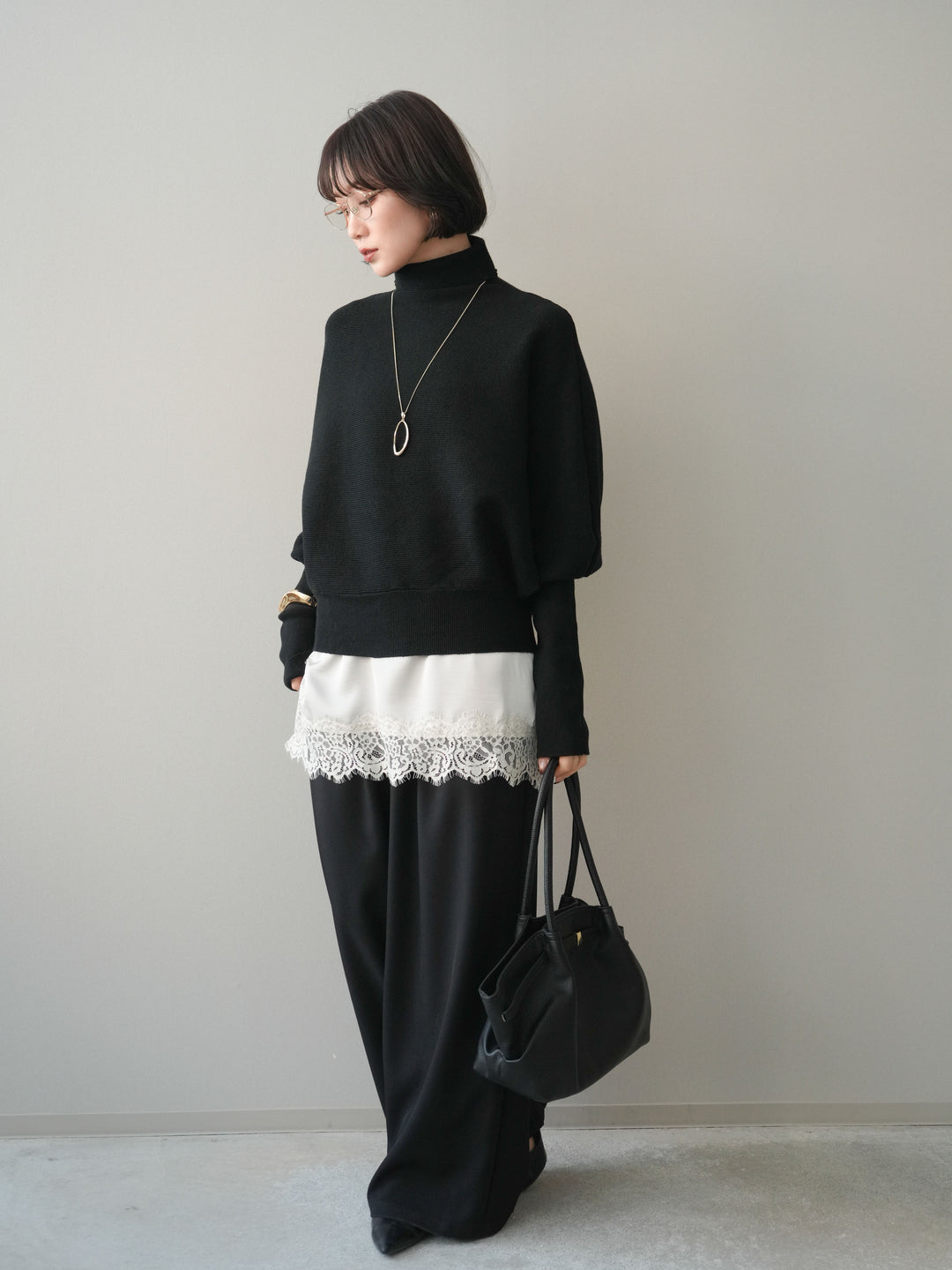 [予約]ウエストレースタックワイドパンツ/black