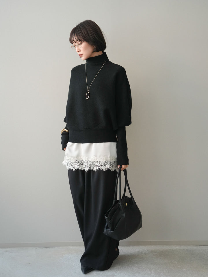 [予約]ウエストレースタックワイドパンツ/black