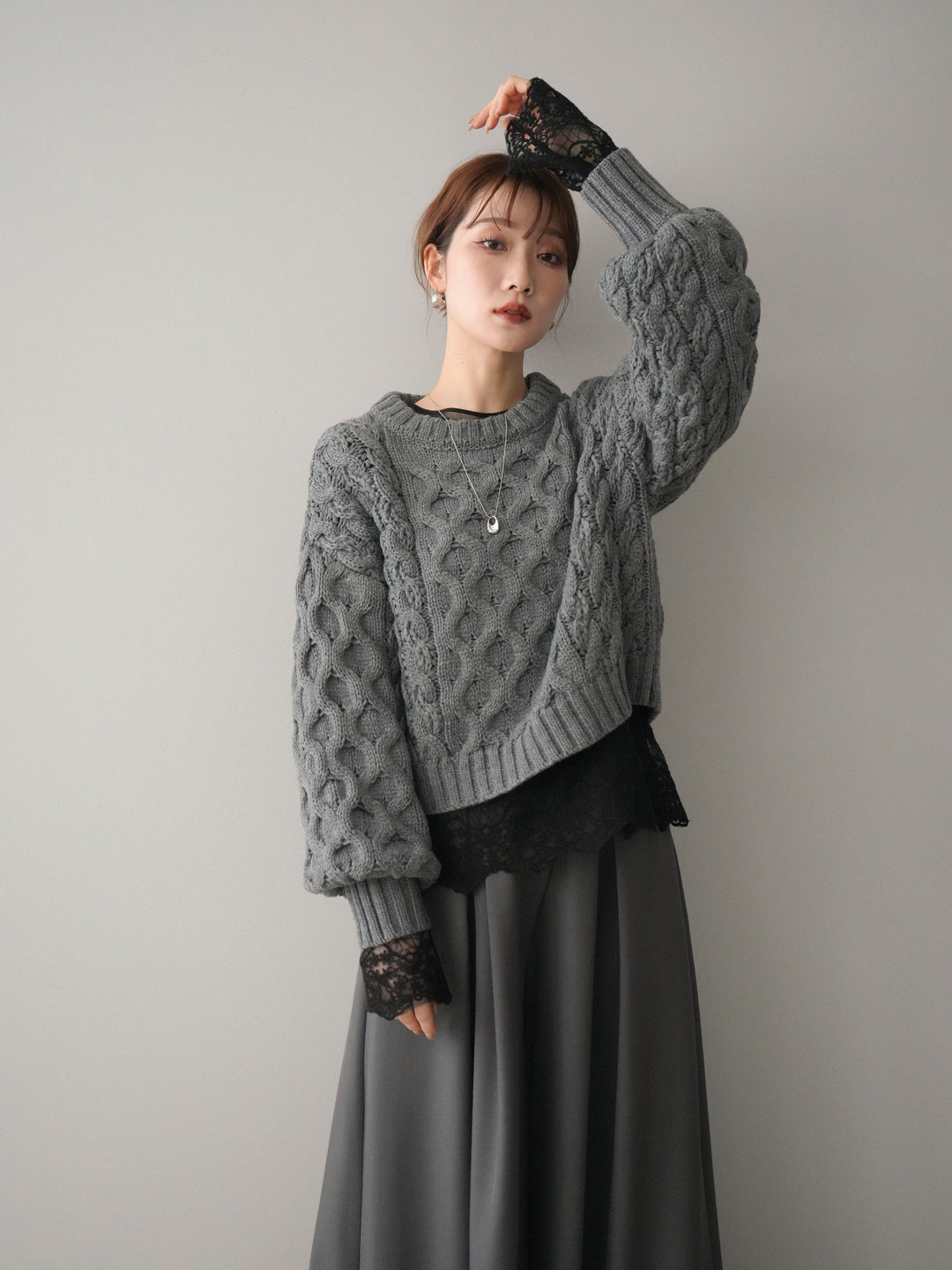 [SET]バルキーケーブルクロップドニットプルオーバー+選べるアクセセット(2set)