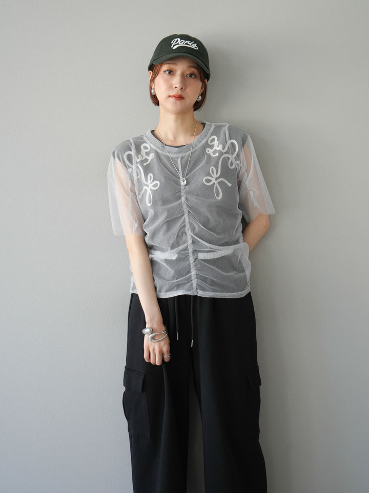 [SET]ラメチュールシャーリングプルオーバー+コード刺繍フレンチスリーブTシャツ+ウエストラインサイドポケットスウェットパンツ(3set)