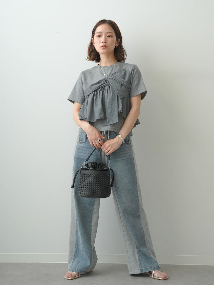 [SET]ナイロンドッキングツイストTEE +デニム切替スウェットパンツ(2set)
