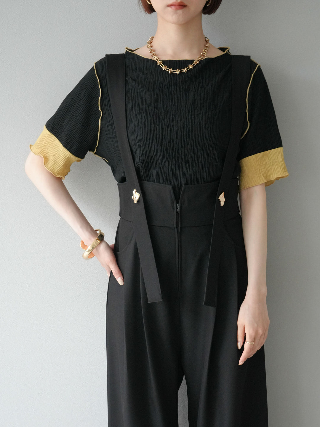 [SET]プリーツ配色ボートネックプルオーバー+ゴールドボタンサスペンダーワイドパンツ(2set)