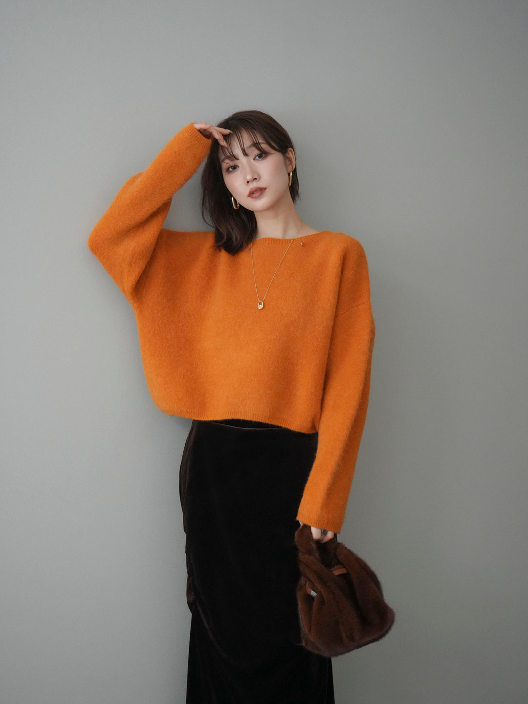 [予約]アンゴラタッチボートネッククロップドプルオーバー/orange