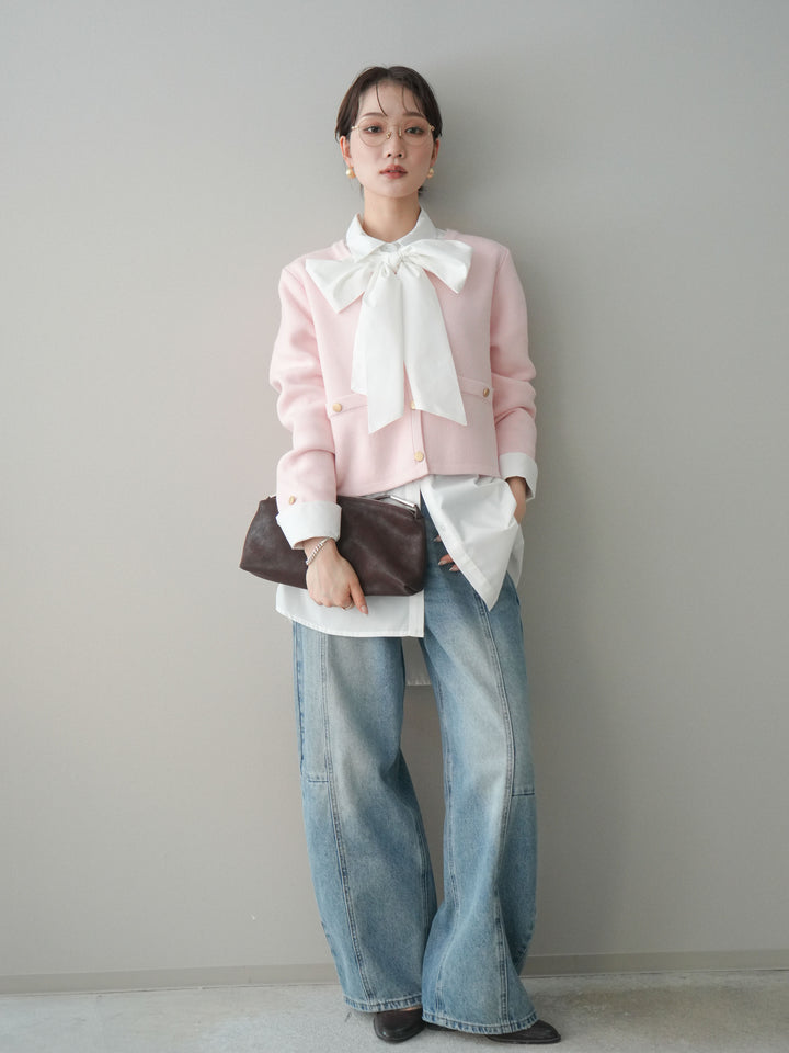 [SET]ゴールドボタンノーカラーニットジャケット+ガーメントウォッシュカーブデニムパンツ(2set)