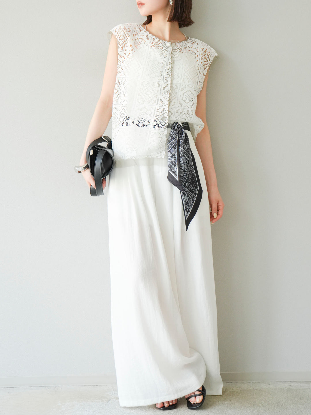 [予約]スカーフベルト付3タックワイドパンツ/オフ