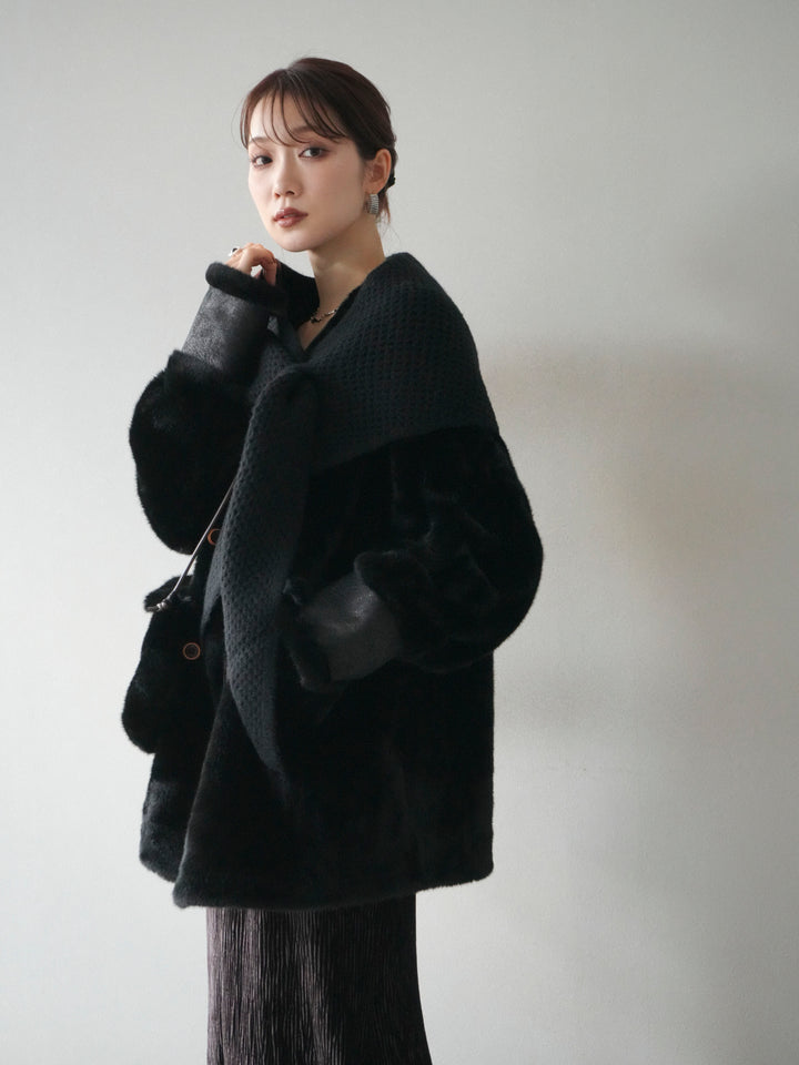 [SET]バッグ付エコファーノーカラーコート+選べるアクセセット(2set)