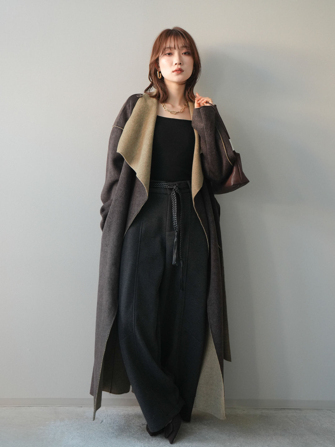 [予約]ベルト付裏起毛センターシームカーブパンツ/charcoal