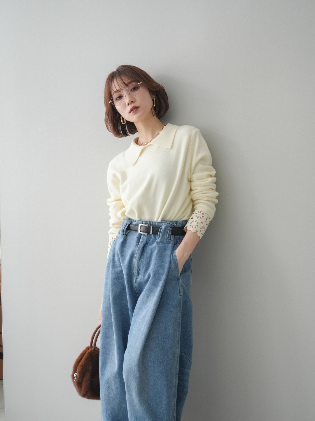 [SET]スカラップレース袖襟付きニットトップス+選べるアクセセット(2set)